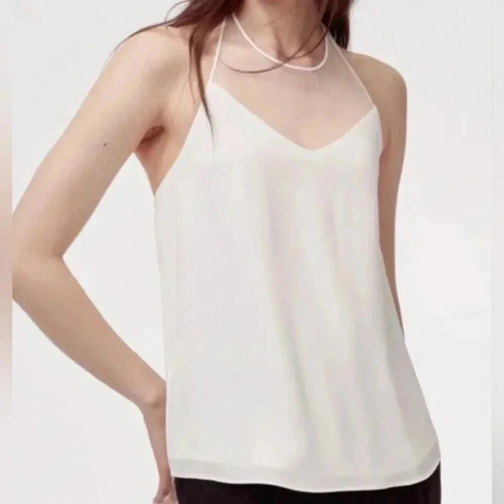 Aritzia Wilfred White Mesh Halter Top Double Linning Stretchy Back Sz XS/ S